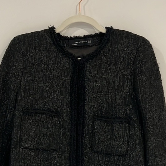 ZARA Woman Black Tweed Wool Blend Structured Woven Fringe Blazer with pockets XS - Picture 8 of 16